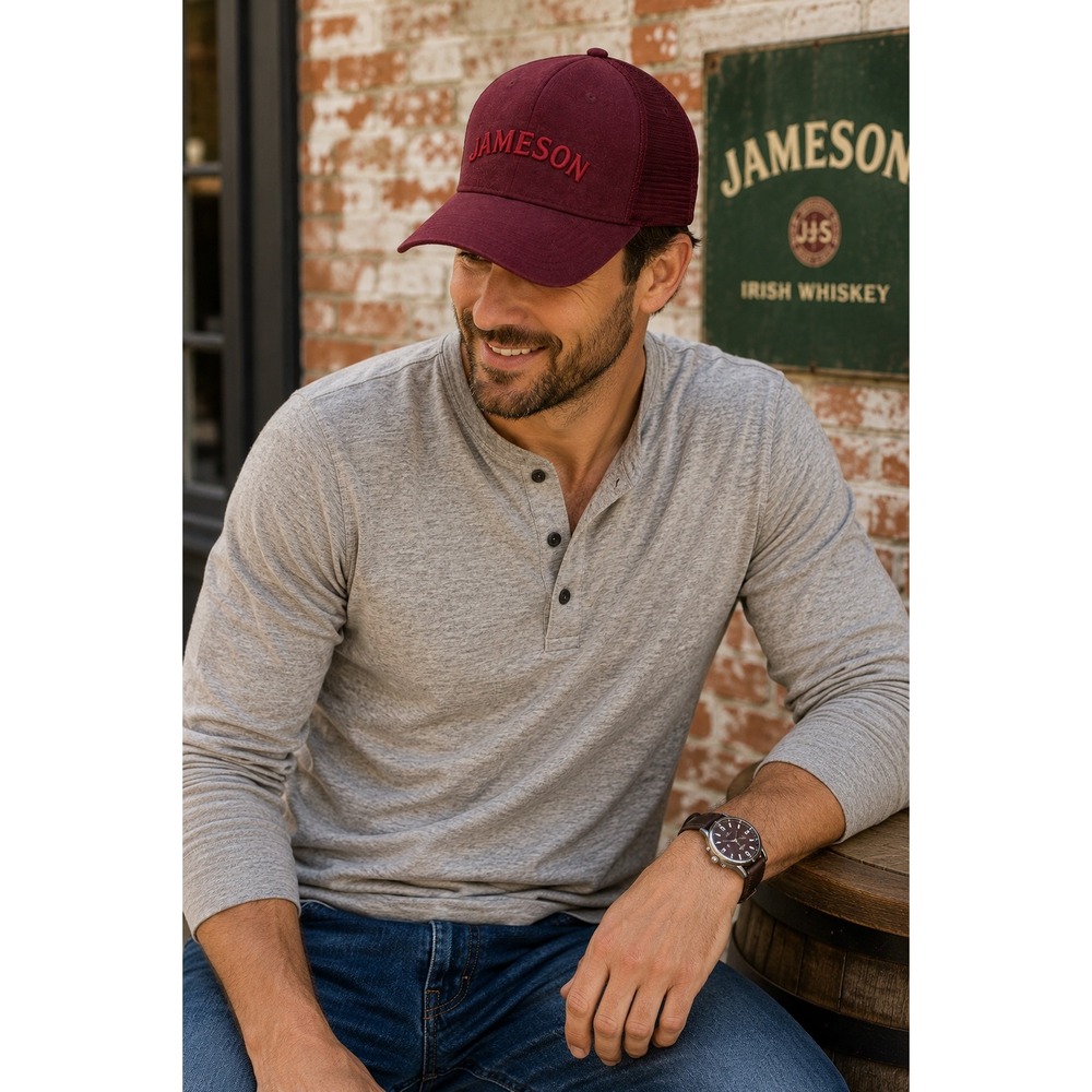Jameson Irish Whiskey Mens Burgundy Heathered Embroidered Baseball Cap Hat